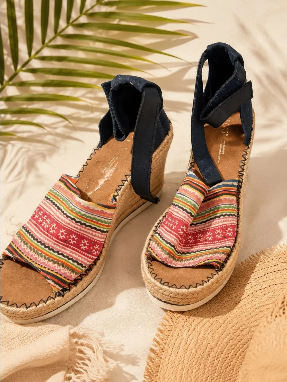TOMS Women’s Colorful Stripe Espadrille Wedge Sandals Ankle Strap Size 9.5